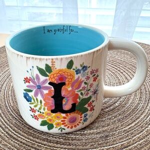 Natural Life L Mug Coffee Tea Cup Cream Floral Aqua Blue Inside Super Cute!